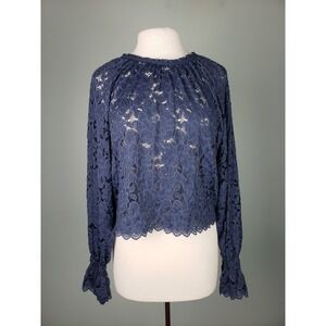 Free People Women's‎ XS Olivia Lace Top Navy Blue Floral Romantic Boho Sheer